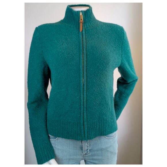 NEW Talbots Full Zip Sweater Medium Boucle Wool Blend Teal Green Cozy Classic - Picture 2 of 11
